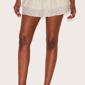 Almond Crinkle Woven Dropped Waist Frilly Mini Skirt