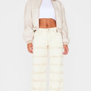 Washed Stone Frayed Striped Seam Wide Leg Jeans