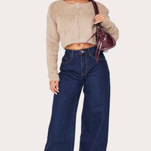 Petite Indigo Wide Leg Turn Up Hem Jeans