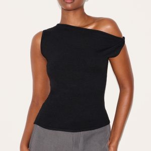 Black Basic Knit Asymmetric Hem Twist Sleeve Vest Top