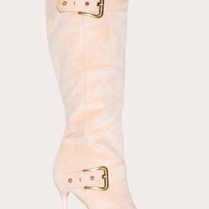 Stone Faux Suede Knee High Point Toe Buckle High Stiletto Knee High Boots