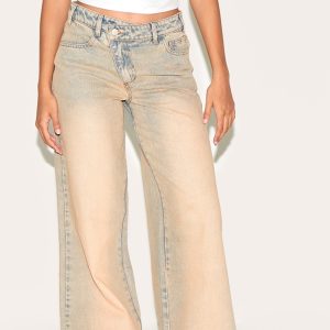 Stone Washed Asymmetrical Waistband Wide Leg Jeans