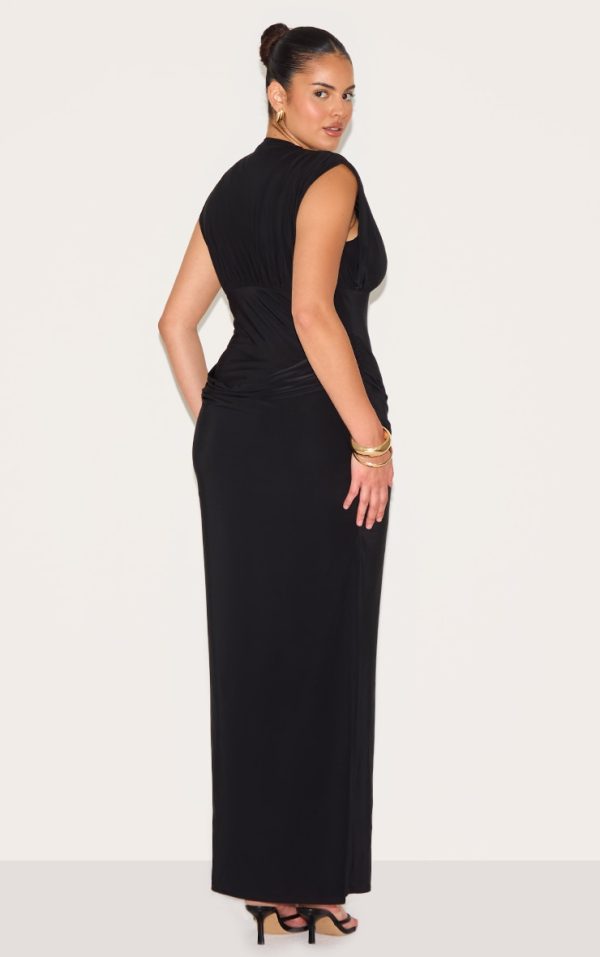 4b07c11045982c9a17e72dd2553eaee40a67abd9_CNN0725_2_plus_black_double_layer_plunge_ruched_shoulder_drape_waist_maxi_dress