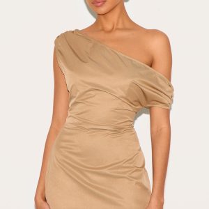 Beige Woven Asymmetric Cup Detail Mini Dress
