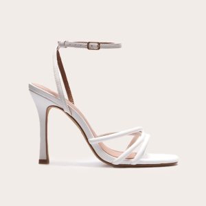 White Wide Fit Pu Square Toe Tube Cross Strap High Stiletto Heels
