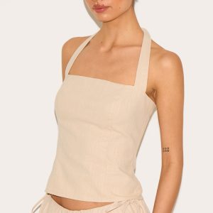 Tall Natural Premium Linen Look Halterneck Top
