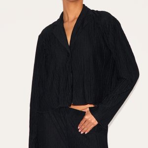 Black Textured Pleated  Button Front Shirt