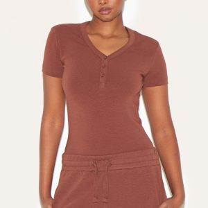 Chocolate Premium Interlock Button Down Short Sleeve Bodysuit
