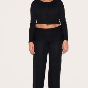 Plus Black Knitted Wide Leg Trousers