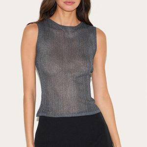 Charcoal Sheer Knit Boat Neck Top