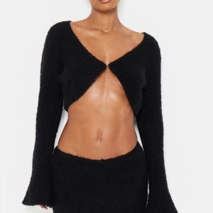 Black Stripe Textured Knit Flared Sleeve Mini Cardigan