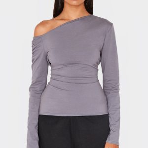 Charcoal Cotton Asymmetric Neckline Long Sleeve Top
