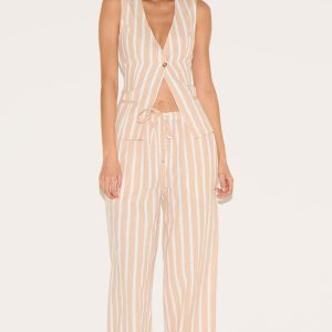 Peach Striped Drawstring Wide Trousers