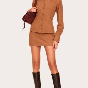 Tan Twill Mid Rise Mini Skirt