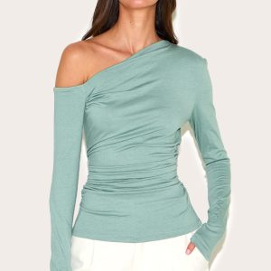 Sage Green Soft Cotton Asymmetric Ruched Long Sleeve Top