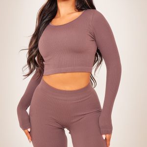 Coffee Structured Contour Ribbed Long Sleeve Crop Top