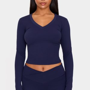 Navy Sculpt V Neck Long Sleeve Top
