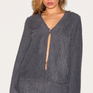 Charcoal Textured V Neck Button Cardigan