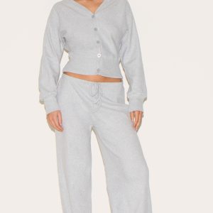 Grey Marl Soft Ribbed Wide Leg Trousers