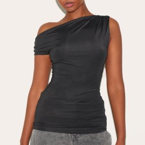 Black Slinky Asymmetric Ruched Detail Long Top