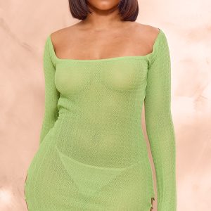 Shape Sage Green Knit Sheer Cut Out Long Sleeve Bodycon Dress