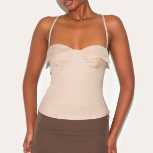 Mushroom Woven Bust Detail Cross Strap Long Top