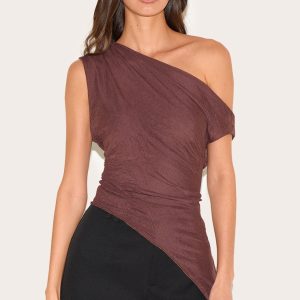 Chocolate Crinkle Mesh Asymmetric Neck Top