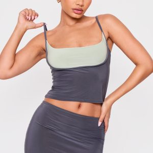Petite Grey Slinky Contrast Strappy Top