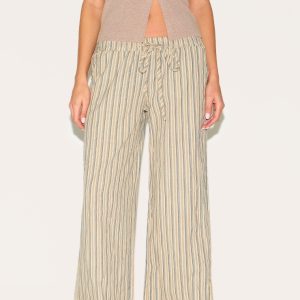 Stone Pinstripe Cotton Low Rise Wide Leg Trousers