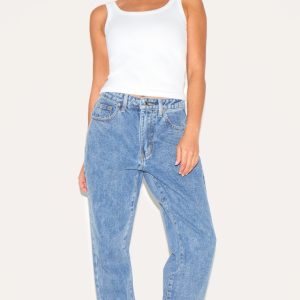 PRETTYLITTLETHING Petite Mid Blue Wash Straight Leg High Waist Jeans