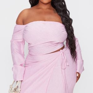 Plus Pink Long Sleeve Bardot Crop Top