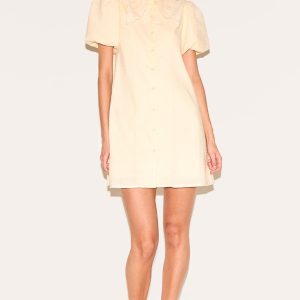 Almond Embroidered Cotton Lace Trim Puff Sleeve Shirt Dress