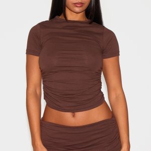 Chocolate Cotton Side Cap Sleeve Ruched Top