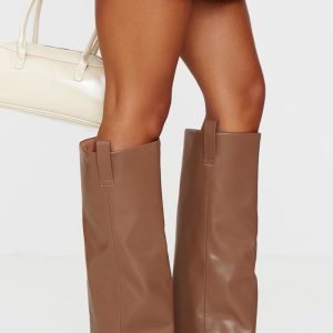 Brown Pu Fold Over Point Toe Heeled Boots