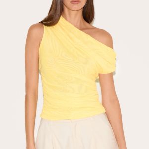 Lemon Double Layer Mesh Ruched Detail Asymmetric Top