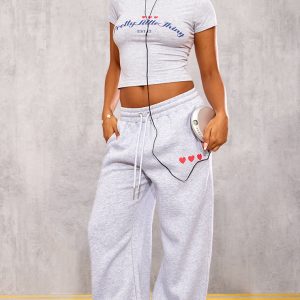 PRETTYLITTLETHING Grey Marl Heart Printed Wide Leg Joggers