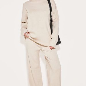 Oatmeal Light Rib Knit Wide Leg Trousers