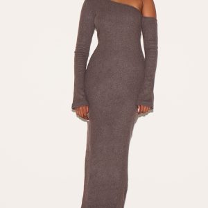 Chocolate Heavy Brushed Asymmetric Maxi Dress