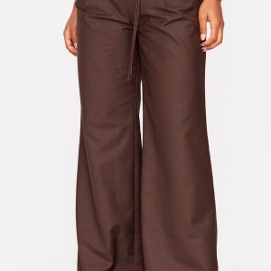 Chocolate Woven Low Rise Thin Belt Detail Straight Leg Trousers