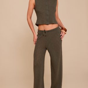 Khaki Mid Rise Textured Wide Leg Trousers