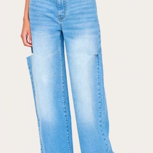 Mid Blue Wash Thigh Split Wide Leg Jeans