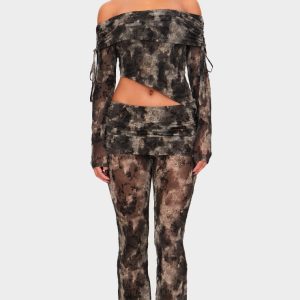 Charcoal Devore Mesh Foldover Slim Flare Trousers