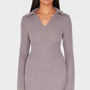 Charcoal Waffle Textured Long Sleeve Shift Dress