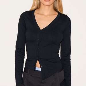 Black Asymmetric Button Down Detail Long Sleeve Top