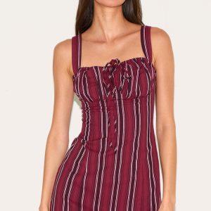 Burgundy Pinstripe Tie Detail Shift Dress