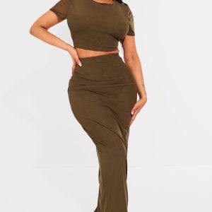 Shape Olive Mesh Printed Detail Maxi Skirt