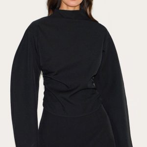 Black Woven Highneck Fitted Top