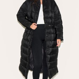 Black Maxi Cinched Waist Puffer Coat