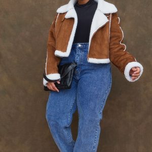 Plus Brown Borg Lined Faux Suede Super Cropped Aviator