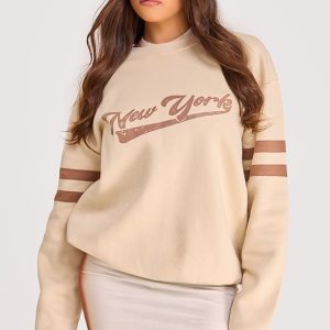 PRETTYLITTLETHING Cream New York Varsity Print Sweatshirt